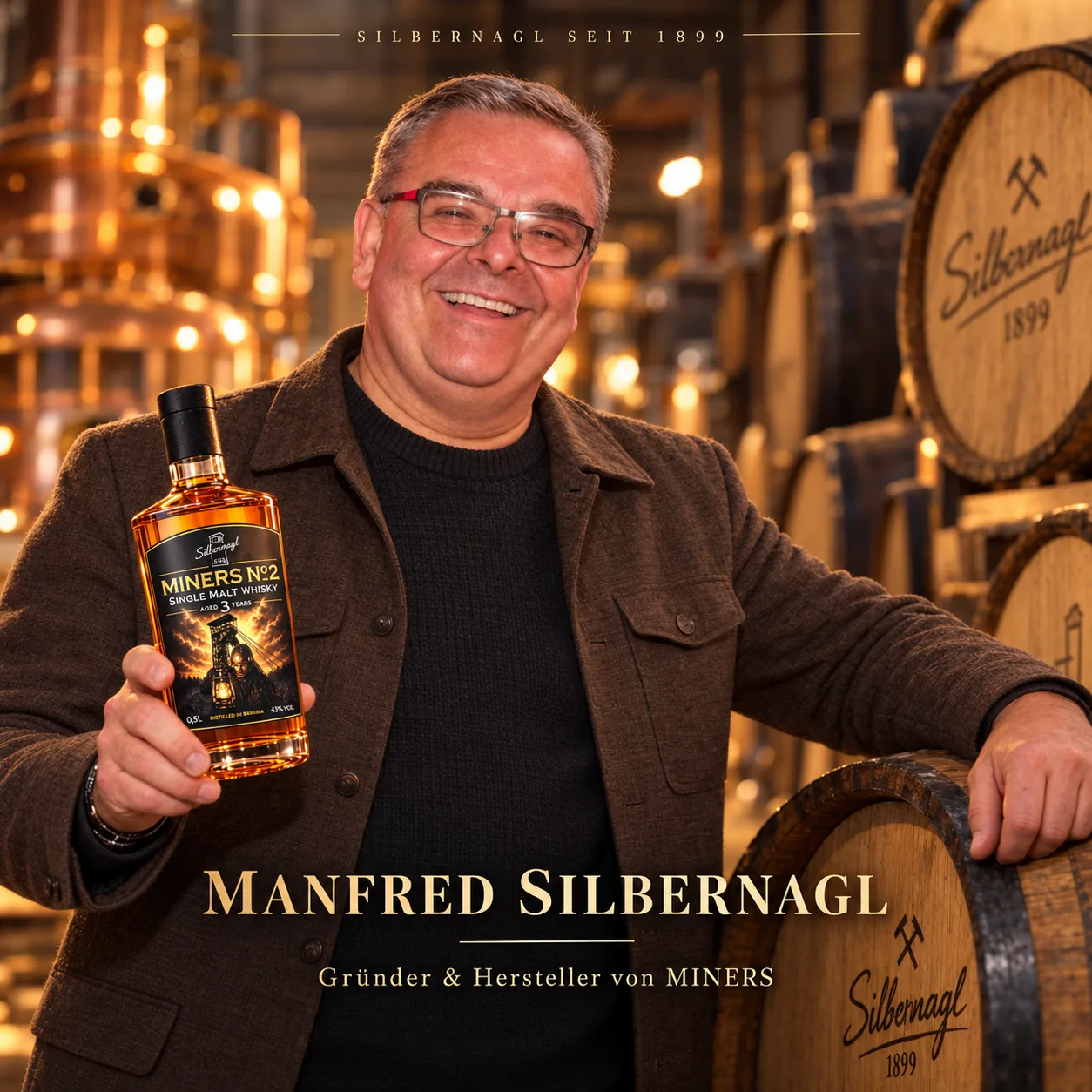 Manfred Silbernagl hält eine Flasche MINERS NO. 2 neben einem Silbernagl-Fass, im Hintergrund die Kupferbrennblase